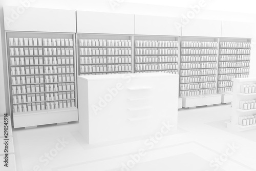 3D Illustration Rendering. Clean Pharmacy views on white backgorund for presentation and mockup blueprints. Architectural visualization of Modern interior design store. Retail chemist shop - side