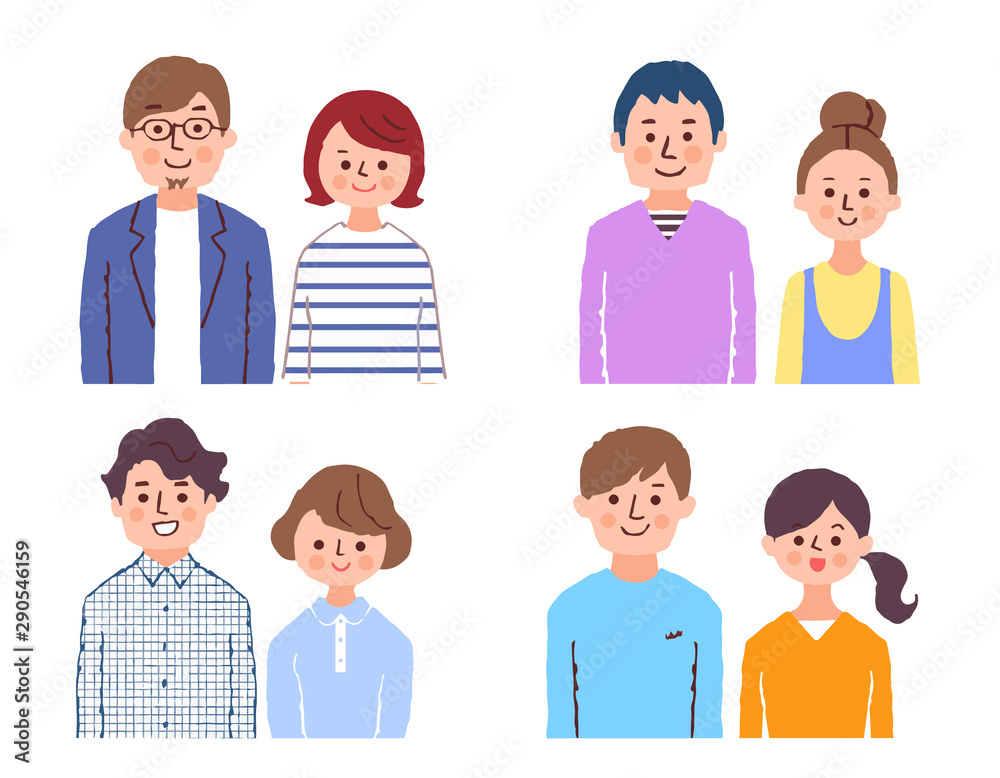 4 sets of smiling young couples, upper body 4 sets of smiling young couples, upper body