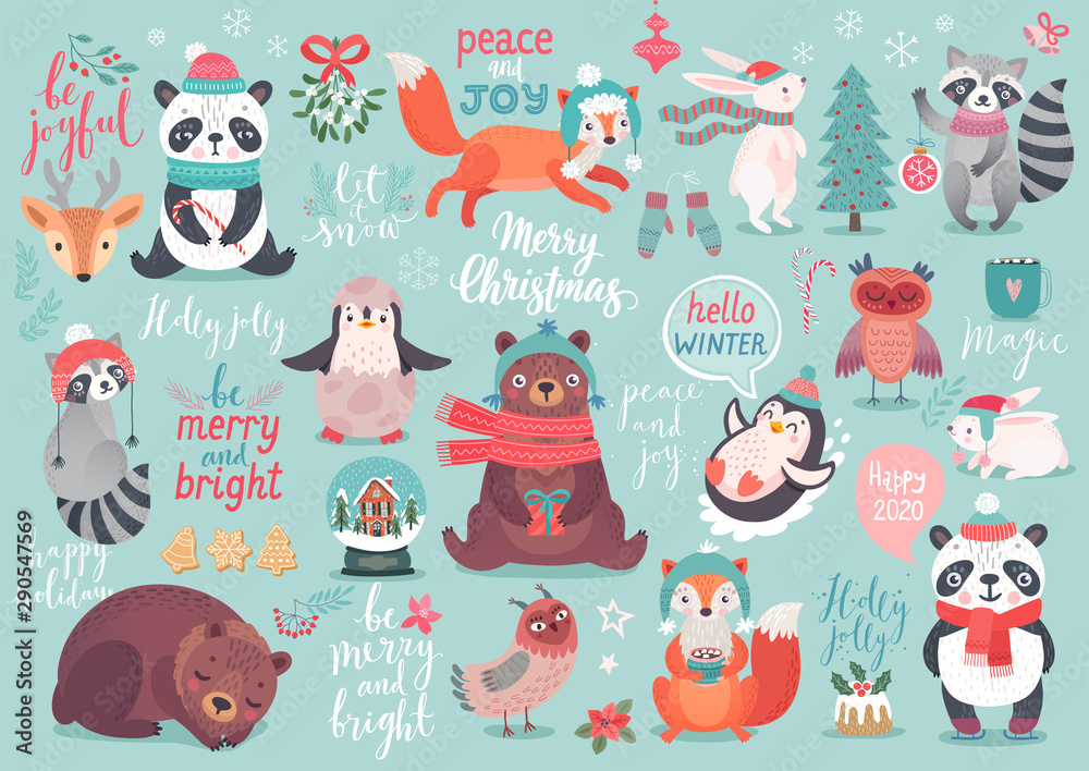 Christmas set, hand drawn style - calligraphy, animals and other elements. - obrazy, fototapety, plakaty 