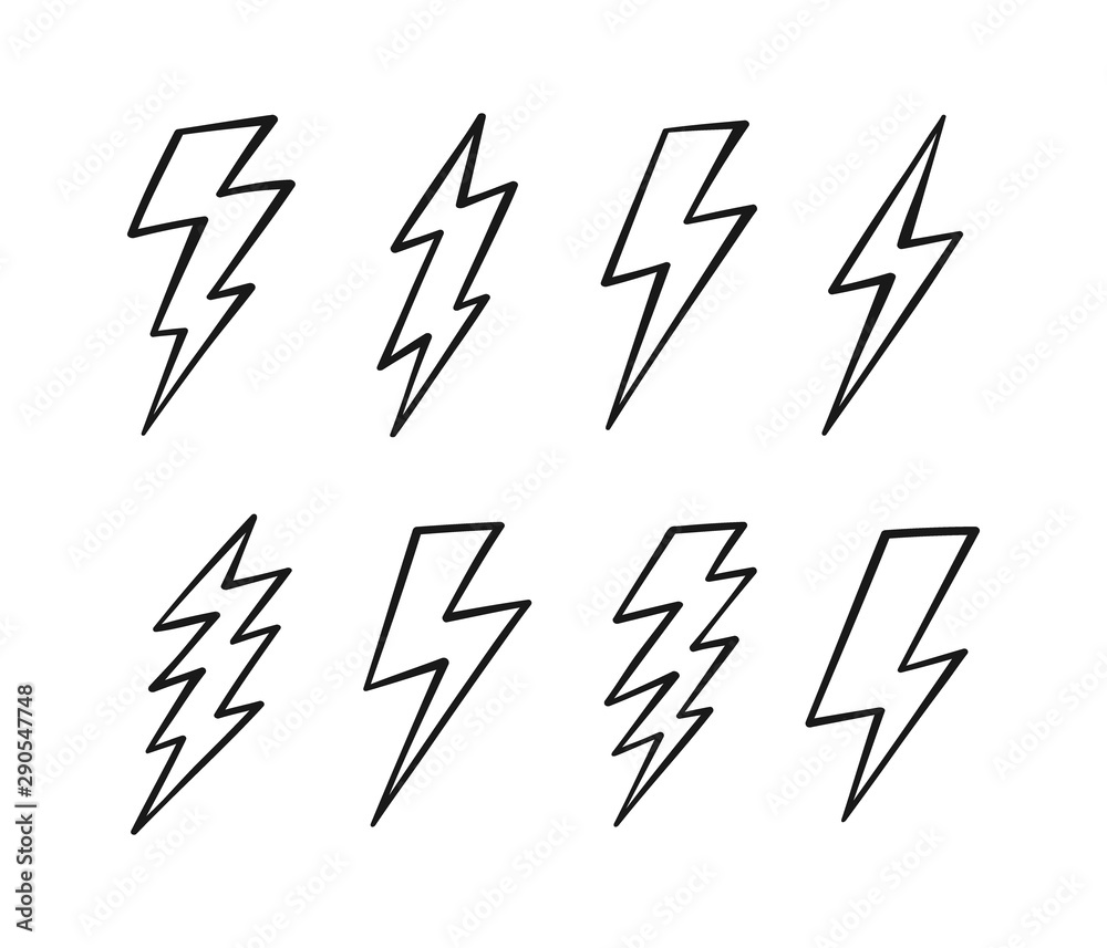 Super Set hand drawn Lightning bolt. Thunderbolt, lightning strike. Modern flat style vector illustration Super Set hand drawn Lightning bolt. Thunderbolt, lightning strike. Modern flat style vector illustration