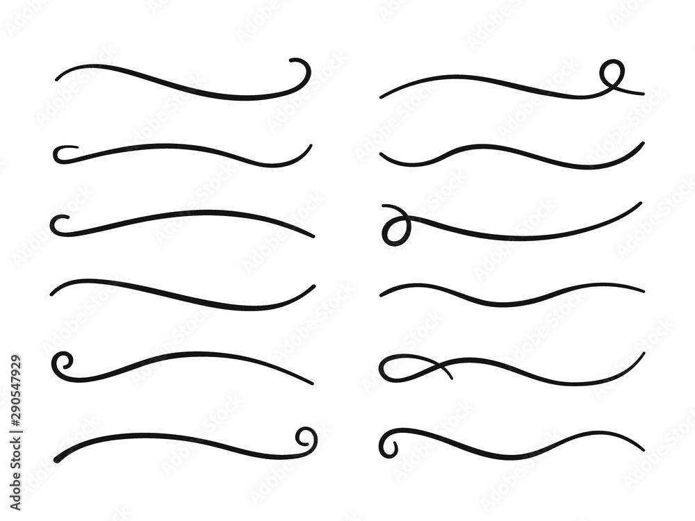 Hand drawn collection of curly swishes, swashes, swoops. Calligraphy swirl. Highlight text elements