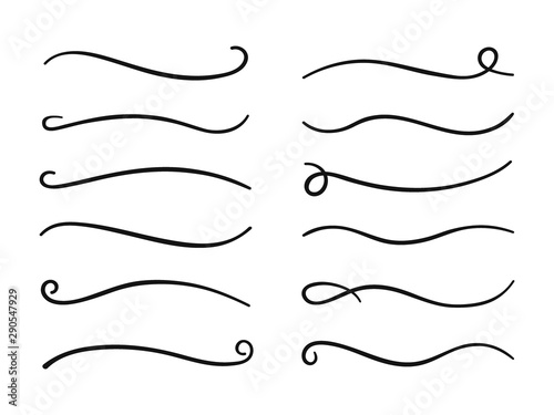Hand drawn collection of curly swishes, swashes, swoops. Calligraphy swirl. Highlight text elements
