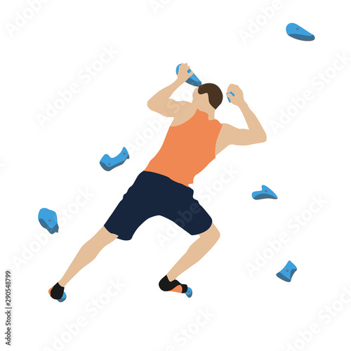 Man climbs a climbing wall in a climbing gym isolated on a white background. Vector illustration.
