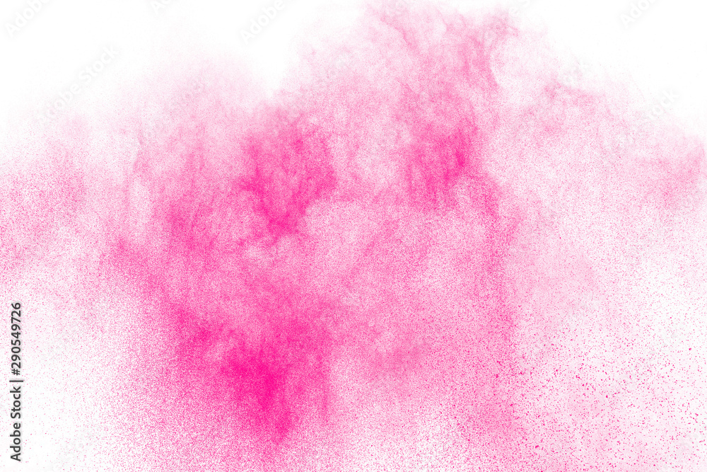 Pink powder explosion on white background.Pink dust splash cloud on background.
