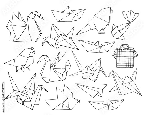 Origami hand drawn vector set, folder paper art animals, birds, boats, planes shapes isolated on white background