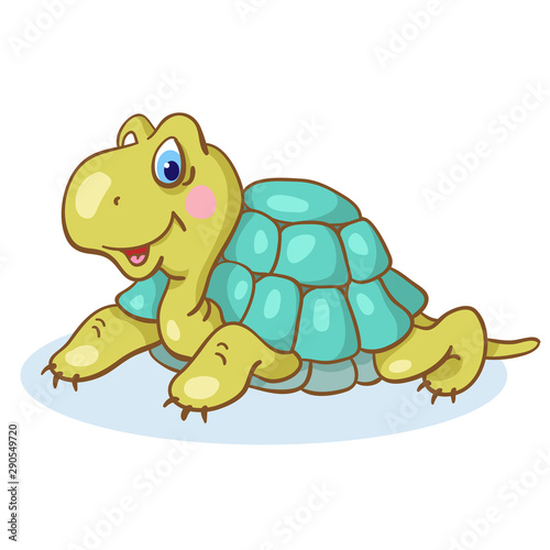 Funny little turtle in cartoon style isolated on white background. Vector illustration.