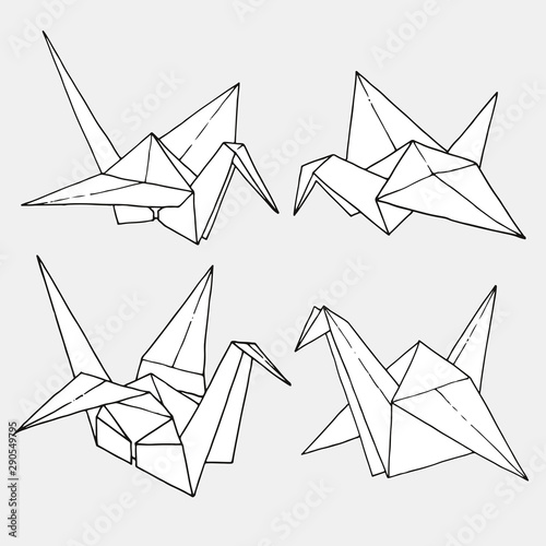 Origami birds crane shapes vector set, hand drawn folder paper art color animal illustration isolated on white background
