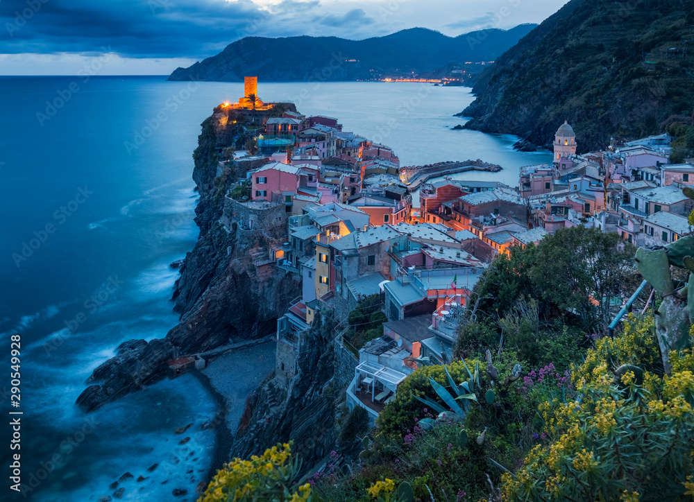 Beautiful view of Vernazza village at night, Cinque Terre, Italy