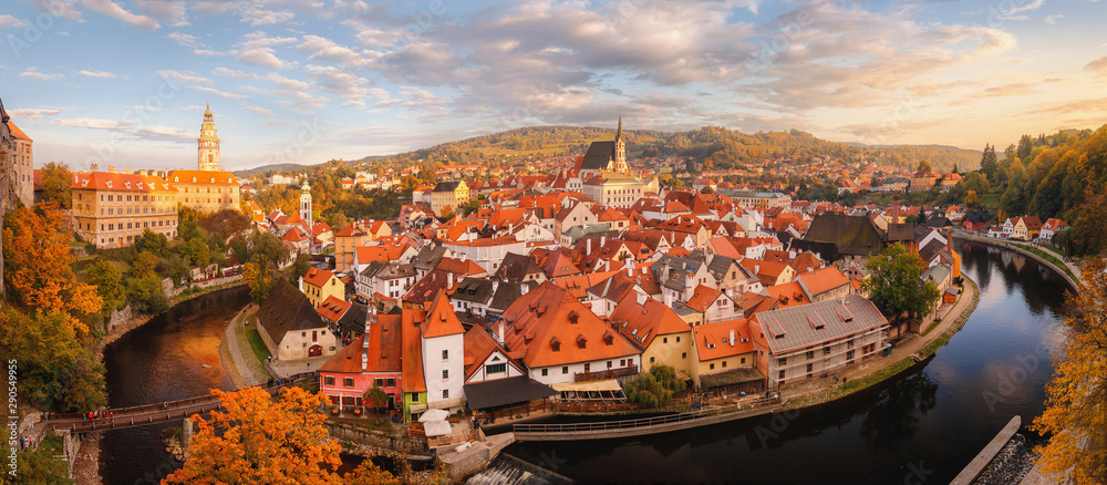 Panoramic view of the historic city of Cesky Krumlov. UNESCO World Heritage Site in beautiful evening light, Czech Republic