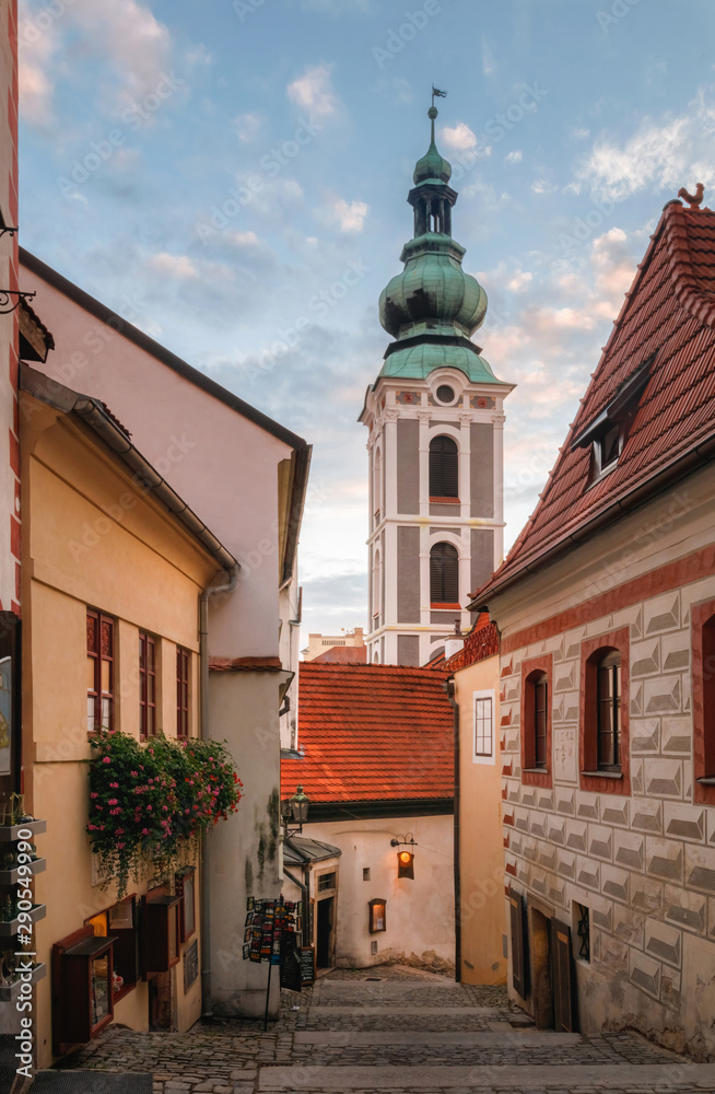 Amazing romantic street of Cesky Krumlov at the morning light, Czechia