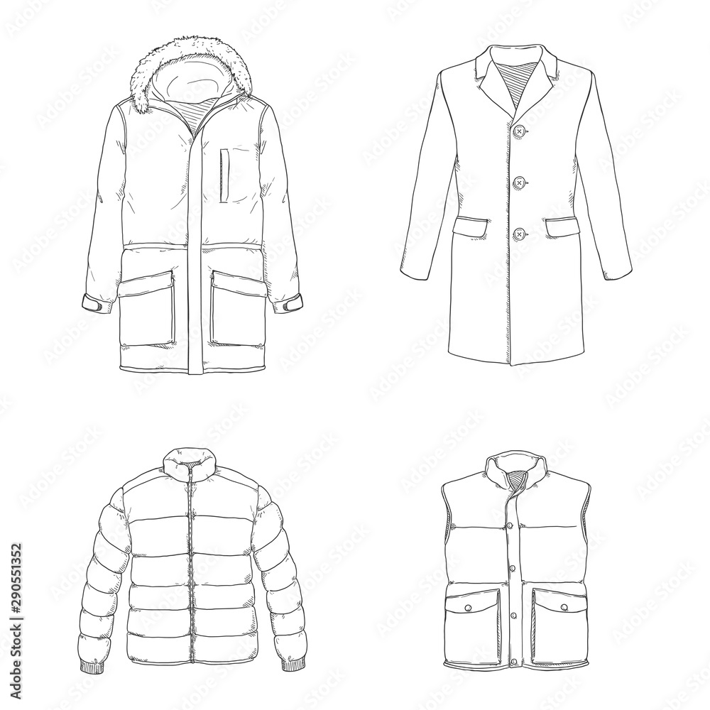 Vector Set of Sketch Outdoor Clothing. Parka, Down Jacket, Waistcoat and Trench-Coat. Vector Set of Sketch Outdoor Clothing. Parka, Down Jacket, Waistcoat and Trench-Coat.