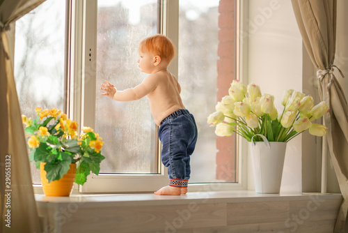 Obraz na płótnie a little boy looks in the window