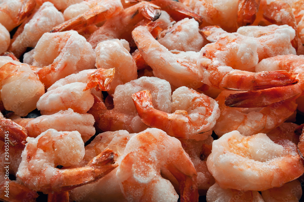 Pile of frozen king prawns.