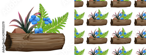 Seamless background design with blue flowers and ferns