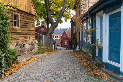 Photography Woman leaving house in traditional cobbled Oslo street