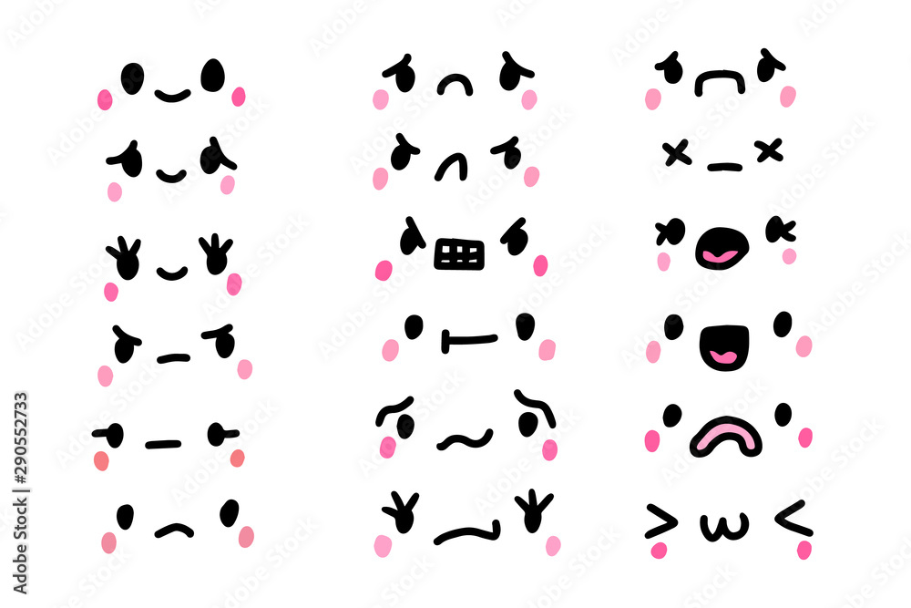 Set of different emotions in kawaii cartoon comic style black pink face