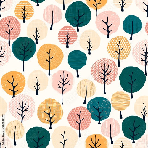 Abstract seamless pattern of autumn trees with doodle texture. Vector forest illustration.