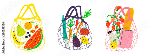 Set of three eco shopping net bags with various products. Zero waste, plastic free concept. Different stuff from local market. Colored trendy vector illustration. Cartoon style. Flat design
