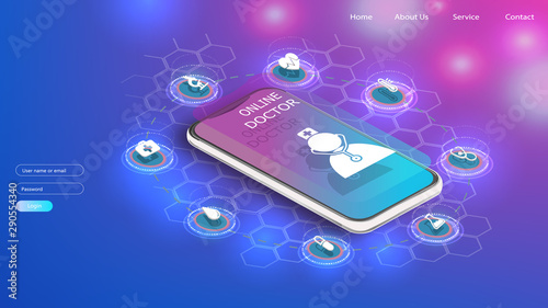 Online tele medicine isometric concept. Medical consultation and treatment via application of smartphone connected internet clinic.