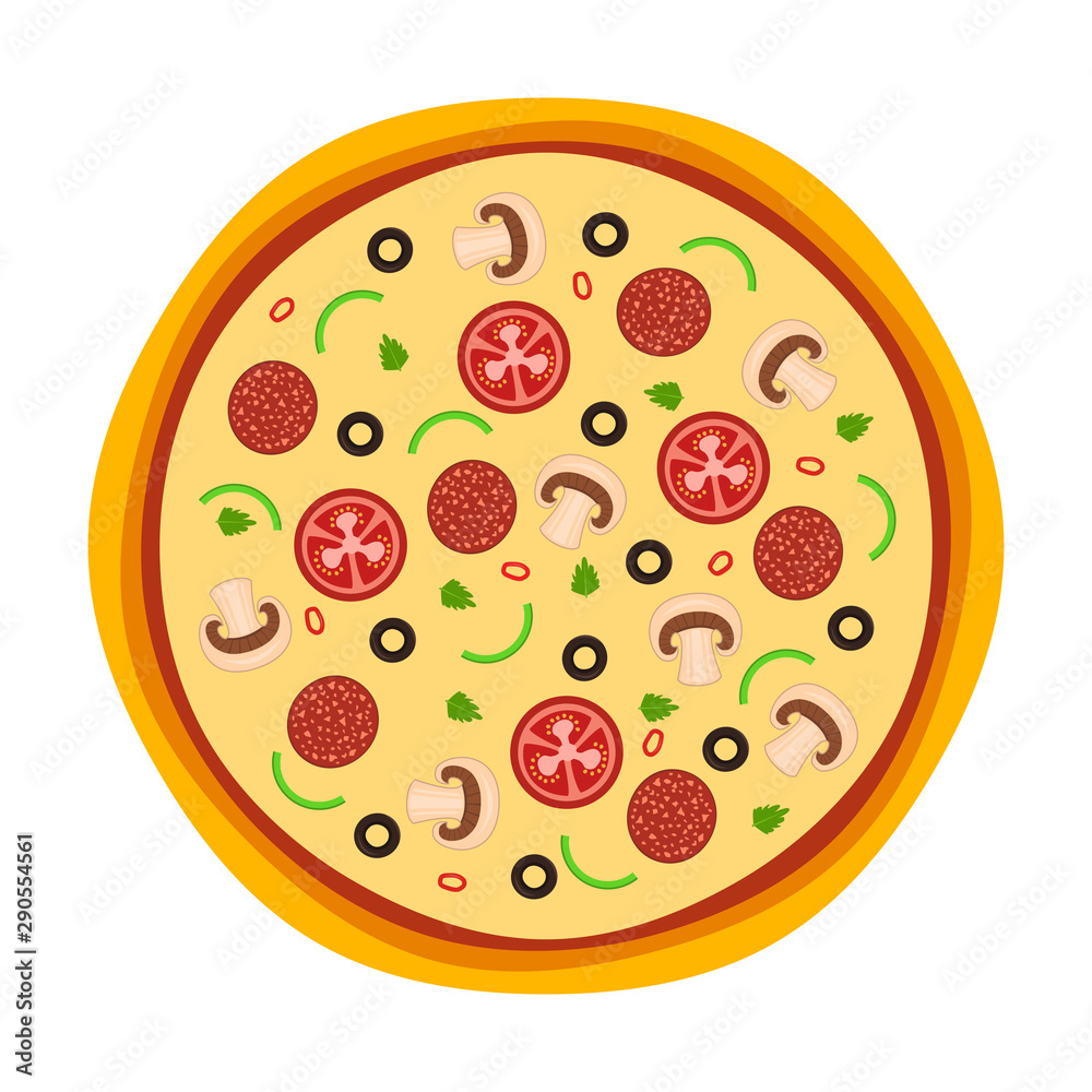 Italian pizza with tomato, sausage, olive and mushrooms. Isolated On White. Vector illustration