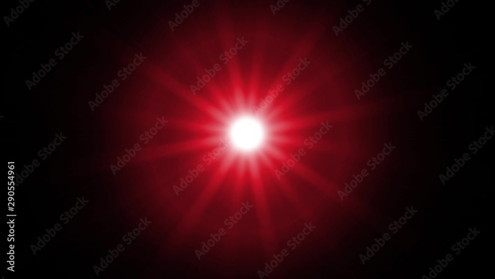 Bright red light with flickering rays appearing and dissappearing while moving by curved trajectory and spinning on black background