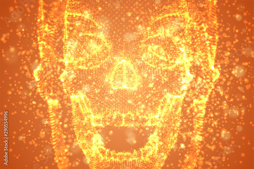 Abstract vector background with particles in the form of a human skull. orange decay