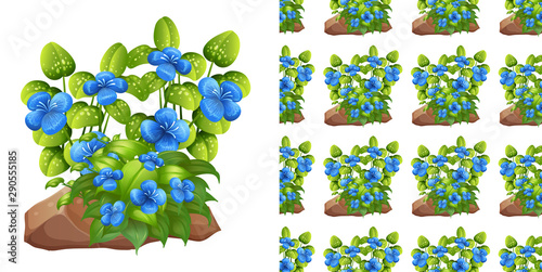Seamless background design with blue flowers and green leaves