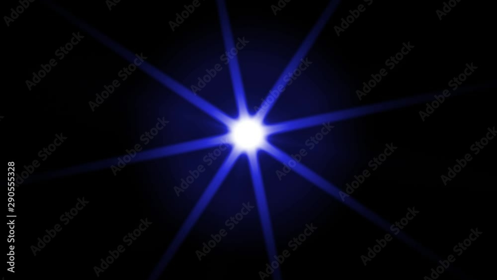 Bright blue light with flickering rays with flickering rays appearing and dissappearing while moving by curved trajectory and spinning on black background