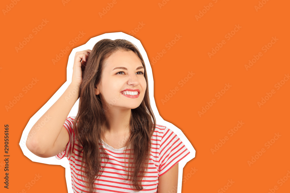 happy woman thinks and scrape the hair. emotional girl Magazine collage style with trendy color background