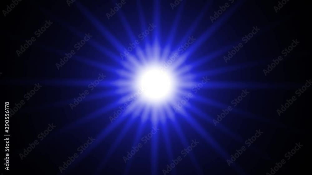 Bright blue light appearing and dissappearing while moving by curved trajectory and spinning on black background