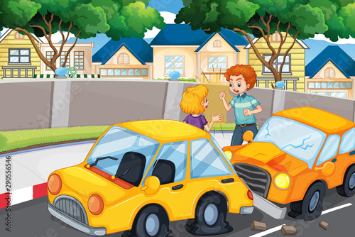 Accident scene with people and car crash