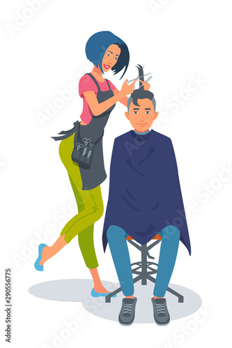 A woman hairdresser cuts the young man's hair. 
