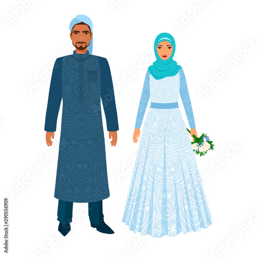 A bride in an ornate dress with a groom. A Muslim couple, family. photo