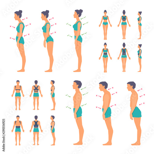The correct and incorrect posture of the human spine. Orthopedic corset, belt, brace. View from the front, back, side. 