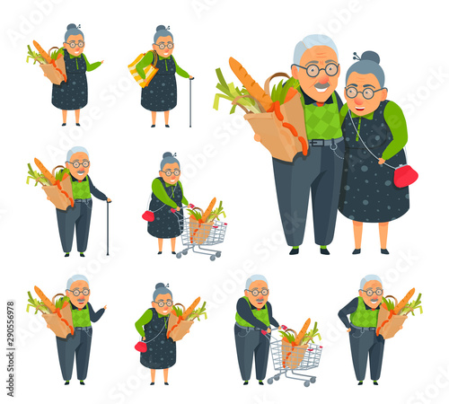 The aged family couple together in a grocery store. Elderly people purchasing food.