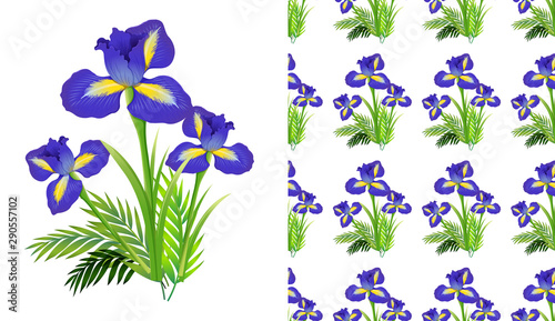 Fototapeta Naklejka Na Ścianę i Meble -  Seamless background design with iris flowers and ferns