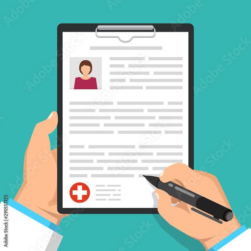 Doctor holding clipboard and takes notes on it. Woman avatar on clipboard. Medical report. Flat vector illustration.