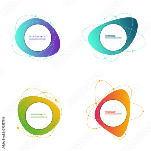 Collection of abstract geometric shapes with orbits particles and molecules. Set of vector gradient banners.