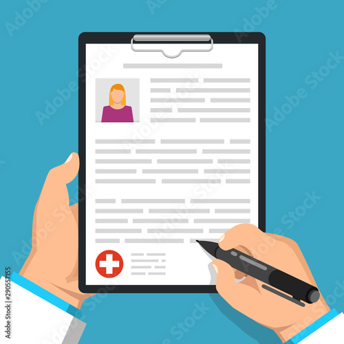 Doctor holding clipboard and takes notes on it. Woman avatar on clipboard. Medical report. Flat vector illustration.
