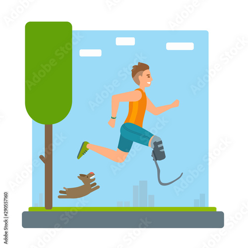 A sportsman with leg prosthesis. A boy running with a dog in a park.