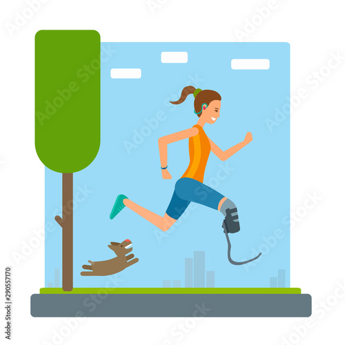 A woman sportsman with leg prosthesis. Girl running with a dog in a park.