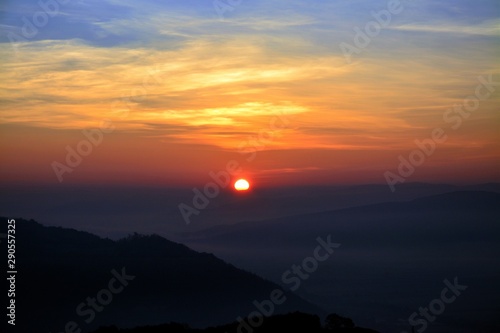 morning with fog over the village