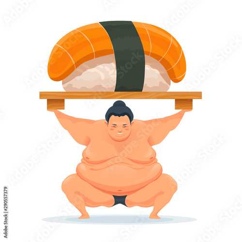 Sumo wrestler holding a tray with huge salmon sushi.