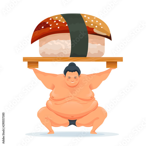 Sumo man holding a tray with eel sushi.