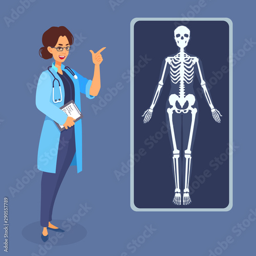 Woman doctor points her finger at the x-ray poster picture of the human body, skeleton. 