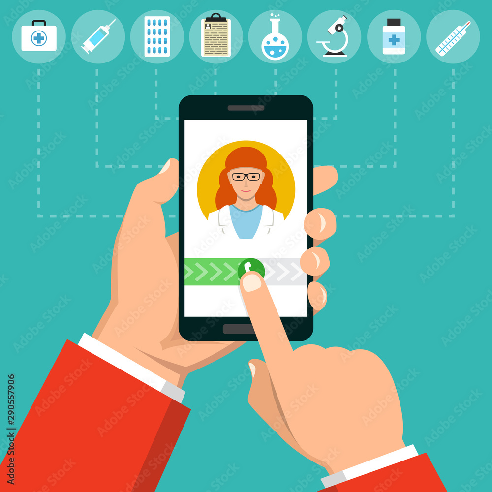 Hand holding smartphone with female doctor on call and an online consultation. Medical icons set. Vector flat illustration. Hand holding smartphone with female doctor on call and an online consultation. Medical icons set. Vector flat illustration.