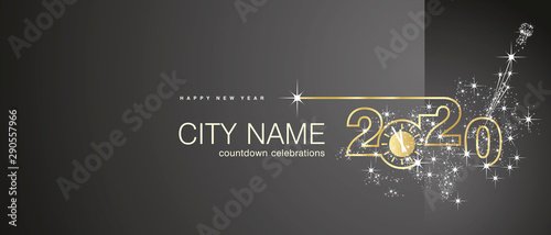 New Year 2020 gold clock firework midnight city countdown celebrations black background