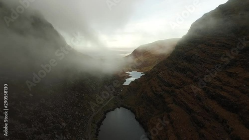Aerial, misty Gap of Dunloe landscape