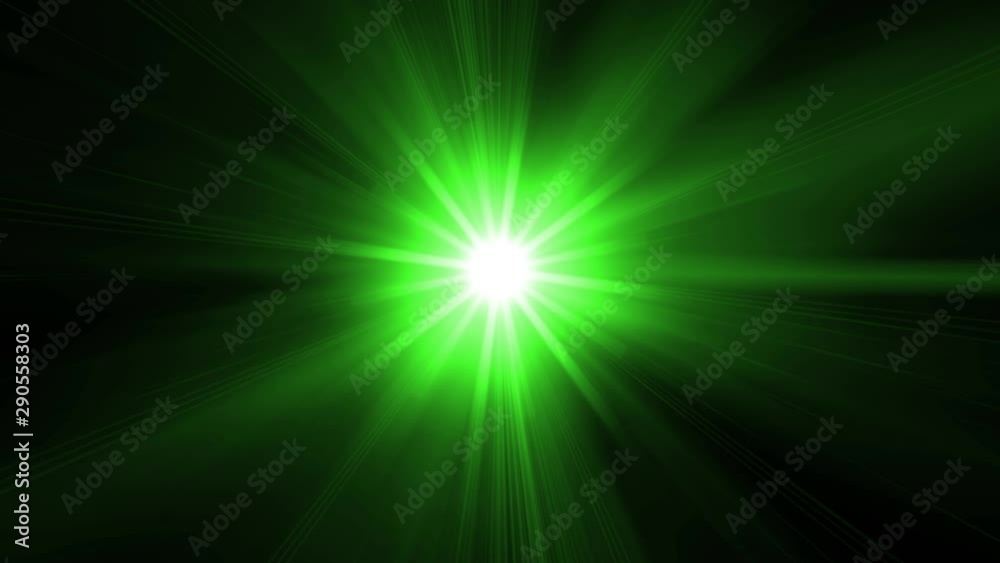 Bright green light with flickering rays appearing and dissappearing while moving by curved trajectory and spinning on black background