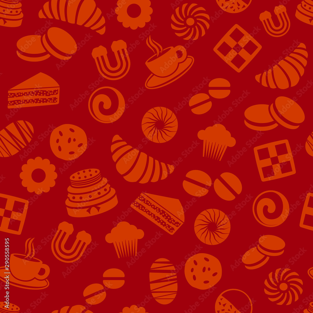 pattern vettoriale a tema pasticceria con fondo rosso